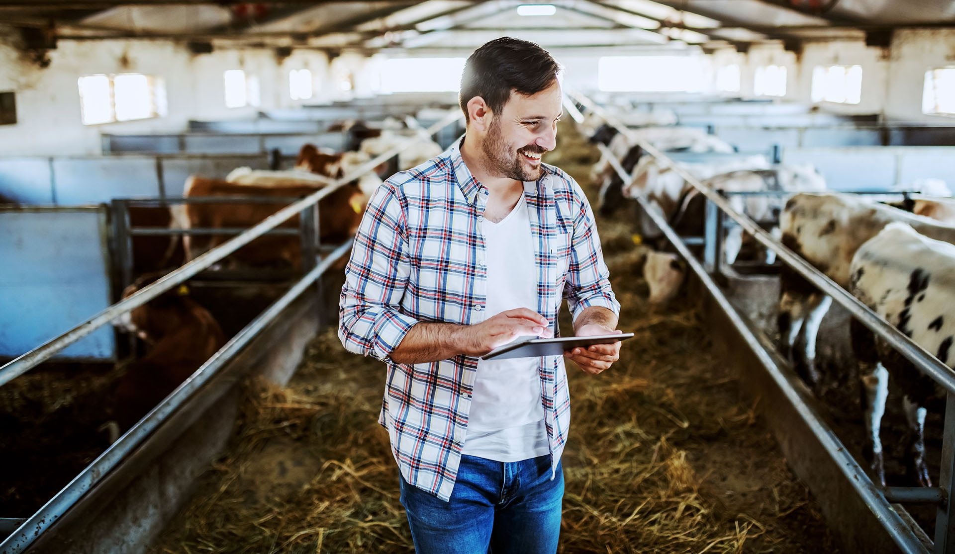 man holding computer standing in barn